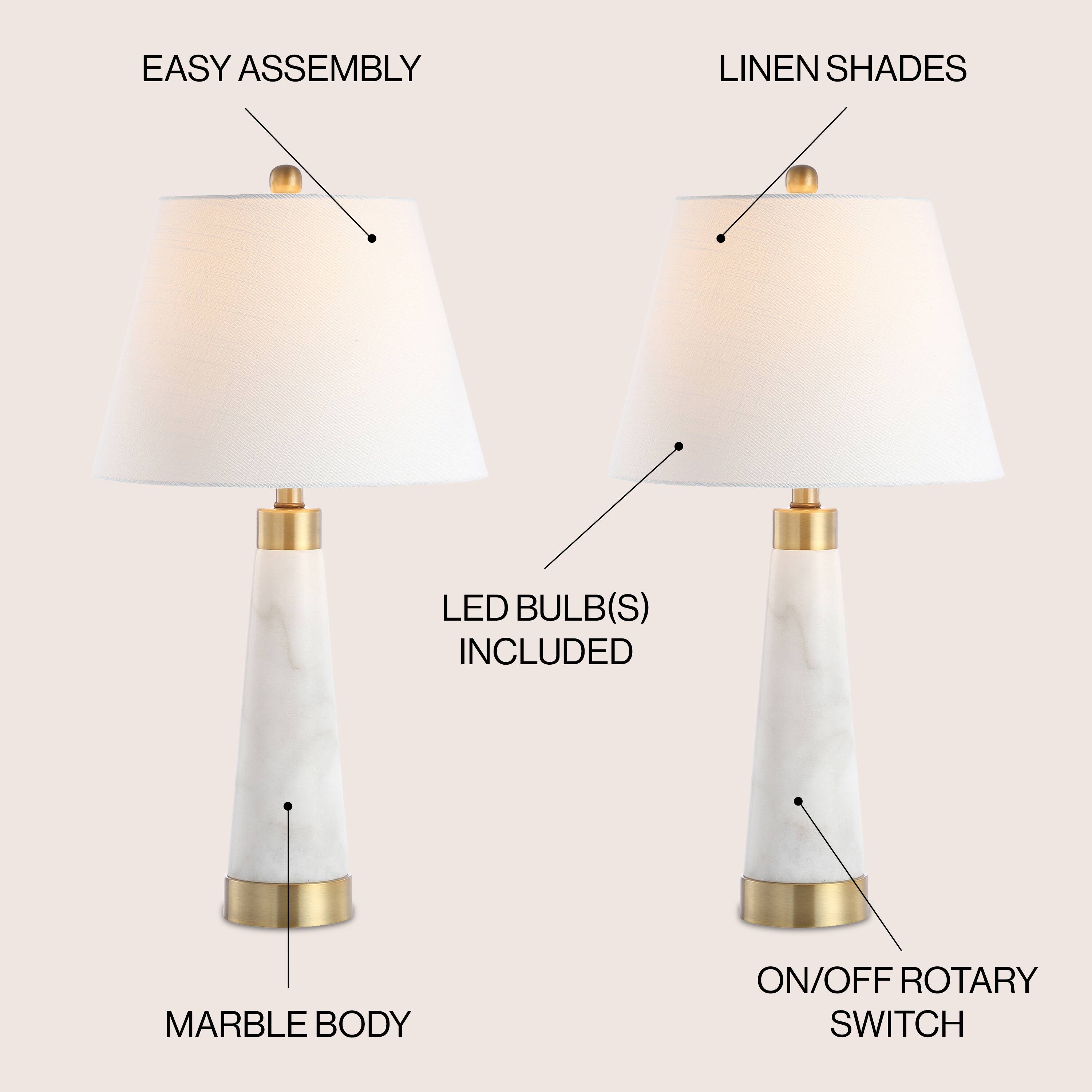 - Easy Assembly
- Linen Shades
- LED Bulb(s) Included
- Marble Body
- On/Off Rotary Switch