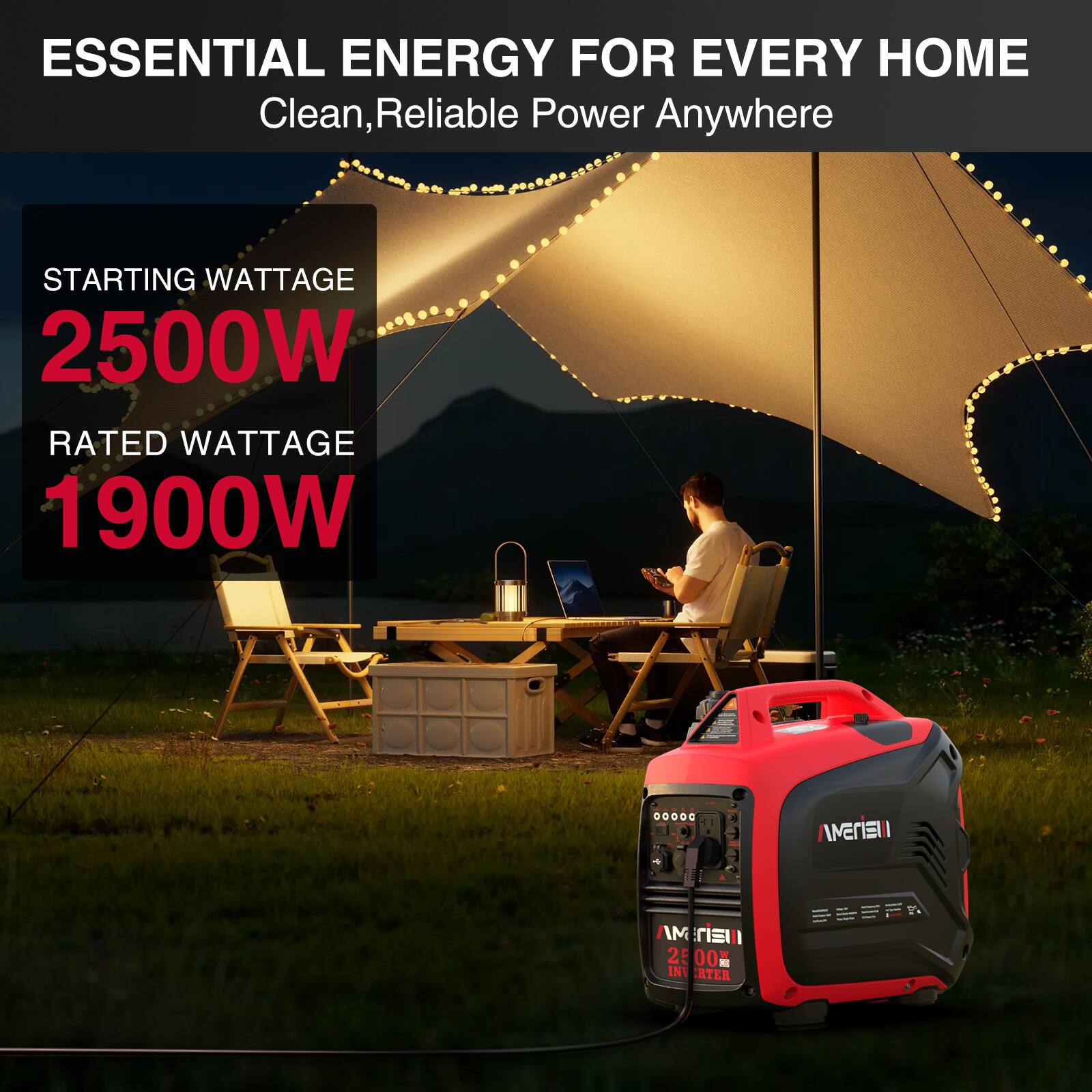 ESSENTIAL ENERGY FOR EVERY HOME  
Clean, Reliable Power Anywhere  

STARTING WATTAGE 2500W  
RATED WATTAGE 1900W