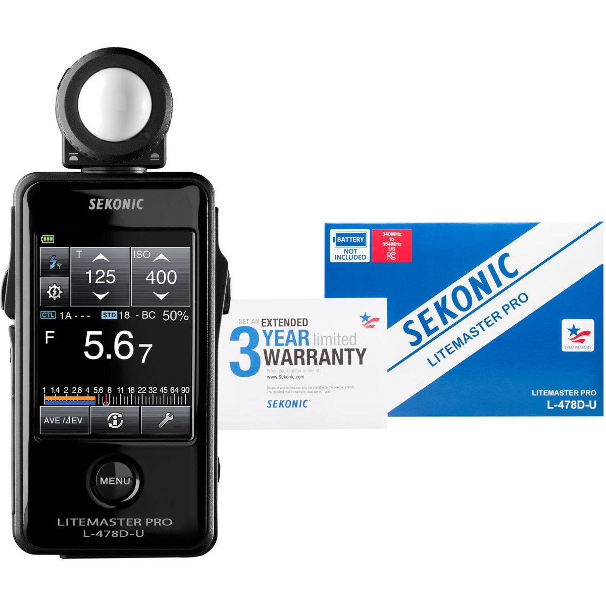 SEKONIC LITEMASTER PRO L-478D-U

T 125 ISO 400
CTL 1A - STD 18 - BC 50%
F 5.67

1.4 2.8 4 5.6 8 11 16 22 32 45 64 90

AVE/4EV

BATTERY 3.400MHz 350mAh NOT INCLUDED

3 YEAR LIMITED WARRANTY

www.Sekonic.com
