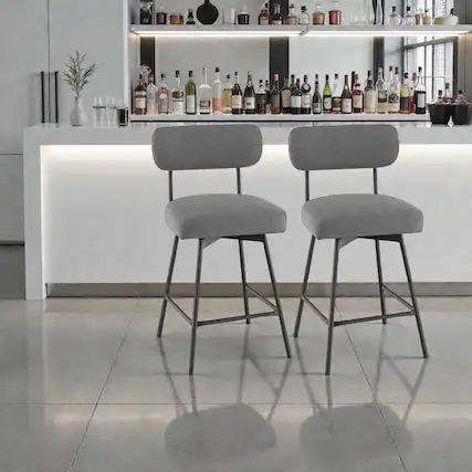 Front. Hivvago - Set of 2 Modern Upholstered Bar Stools with Backrests and Footrests - Gray.