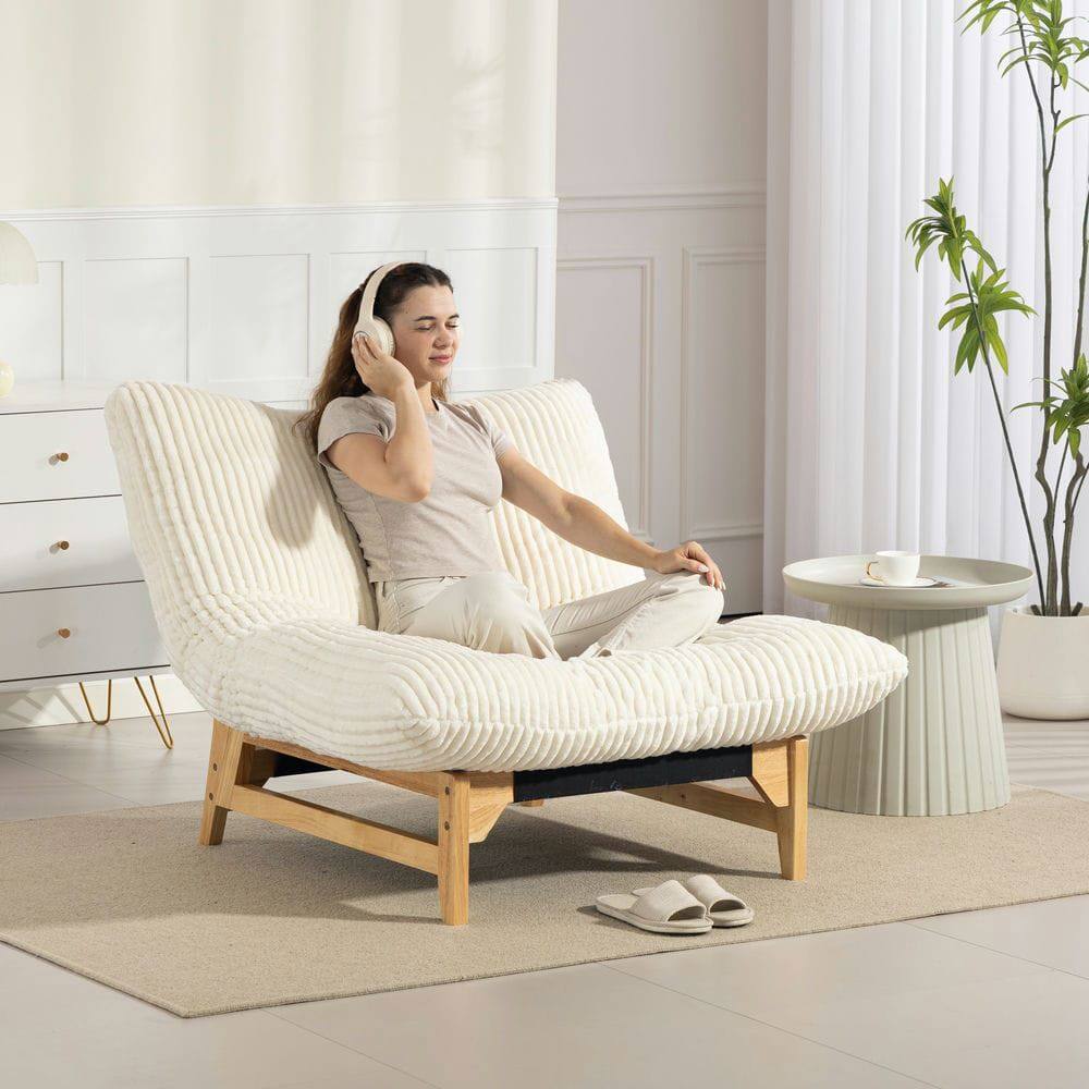 Left. Kadyn - Bean Bag Chair for Adults, Corduroy Fabric Armless Lazy Sofa with Backrest for Living Room & Bedroom, Off White - White.