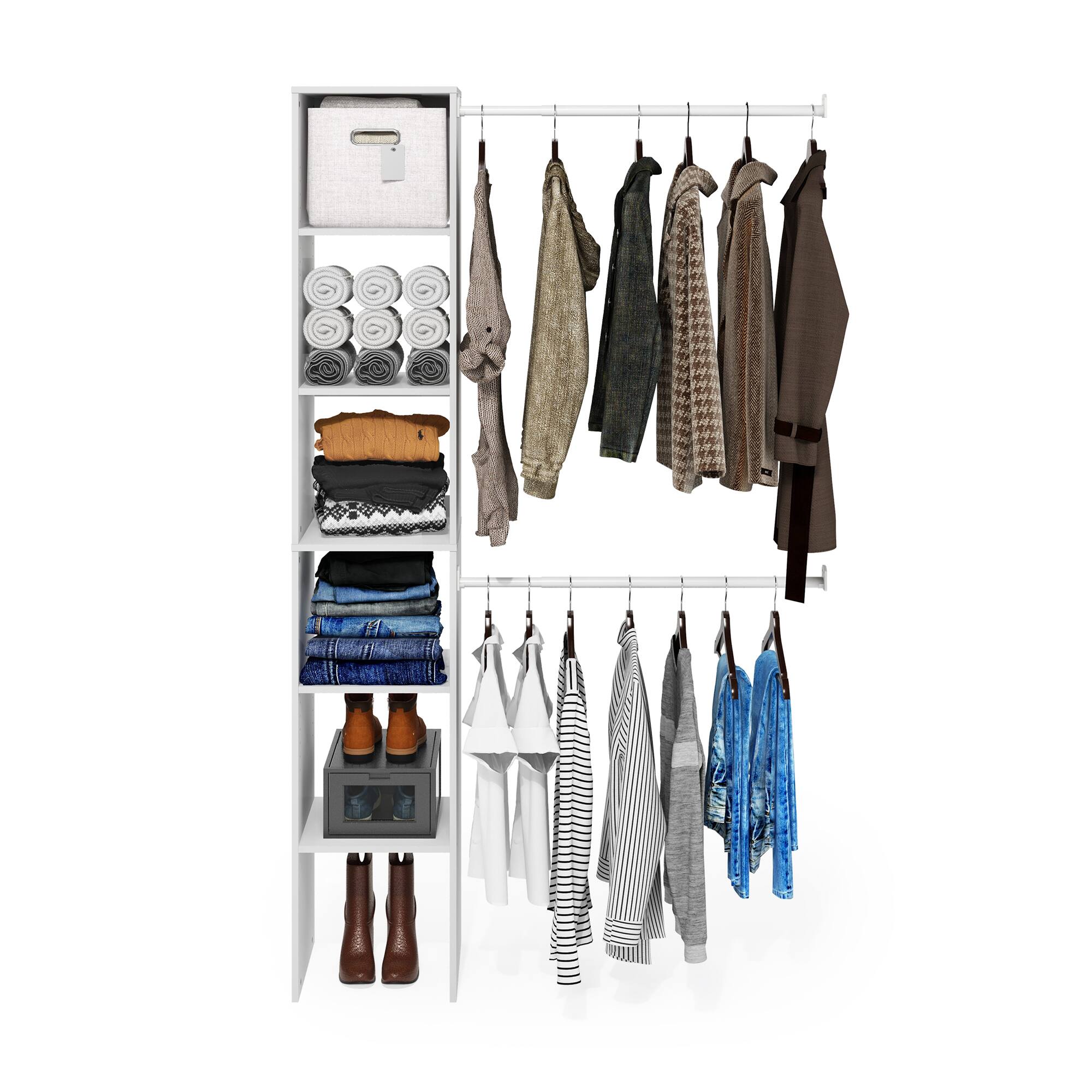 Alt View 4. Furinno - Fano Clothing & Closet Storage Organizer Shelf Tower with 2 Hanging Bars - White.