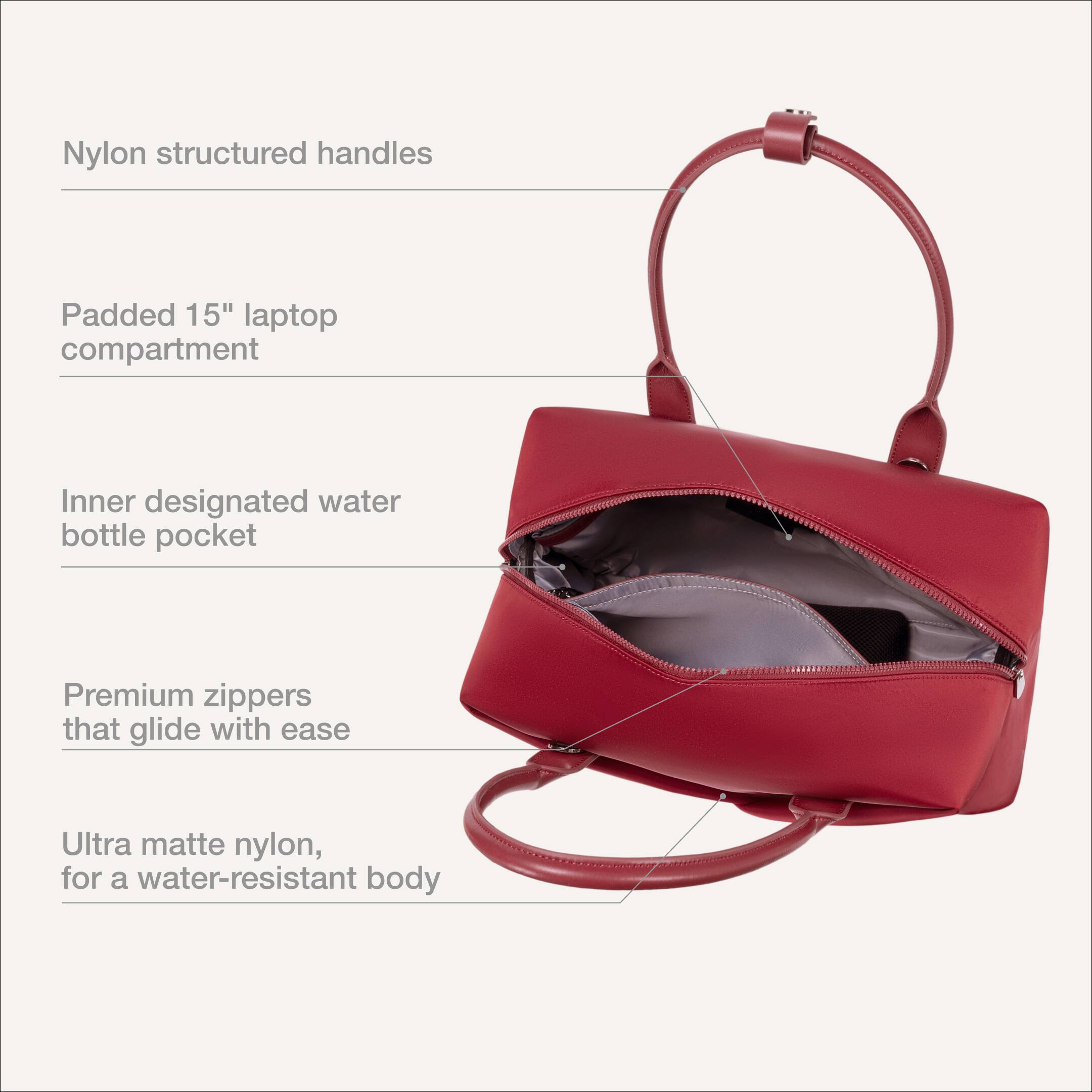 Nylon structured handles  
Padded 15" laptop compartment  
Inner designated water bottle pocket  
Premium zippers that glide with ease  
Ultra matte nylon, for a water-resistant body
