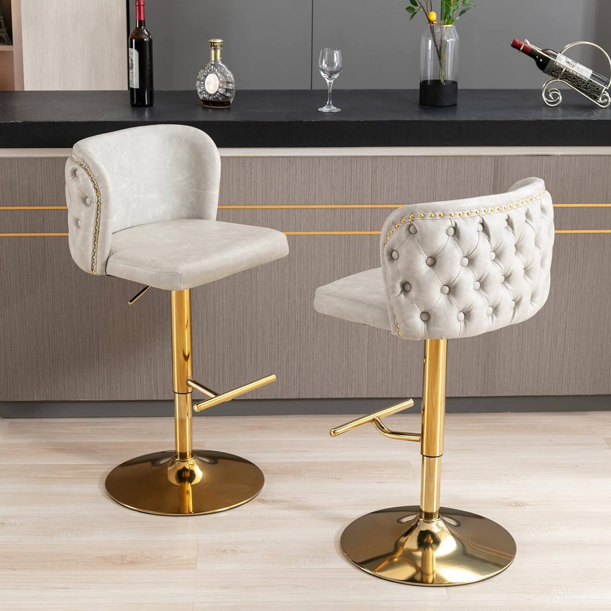Alt View 1. HTUTWOO - Adjustable Bar Stools Set of 2, Swivel Counter Height Chairs, PU Upholstered Barstools with Button Tufted for Kitchen - Beige.