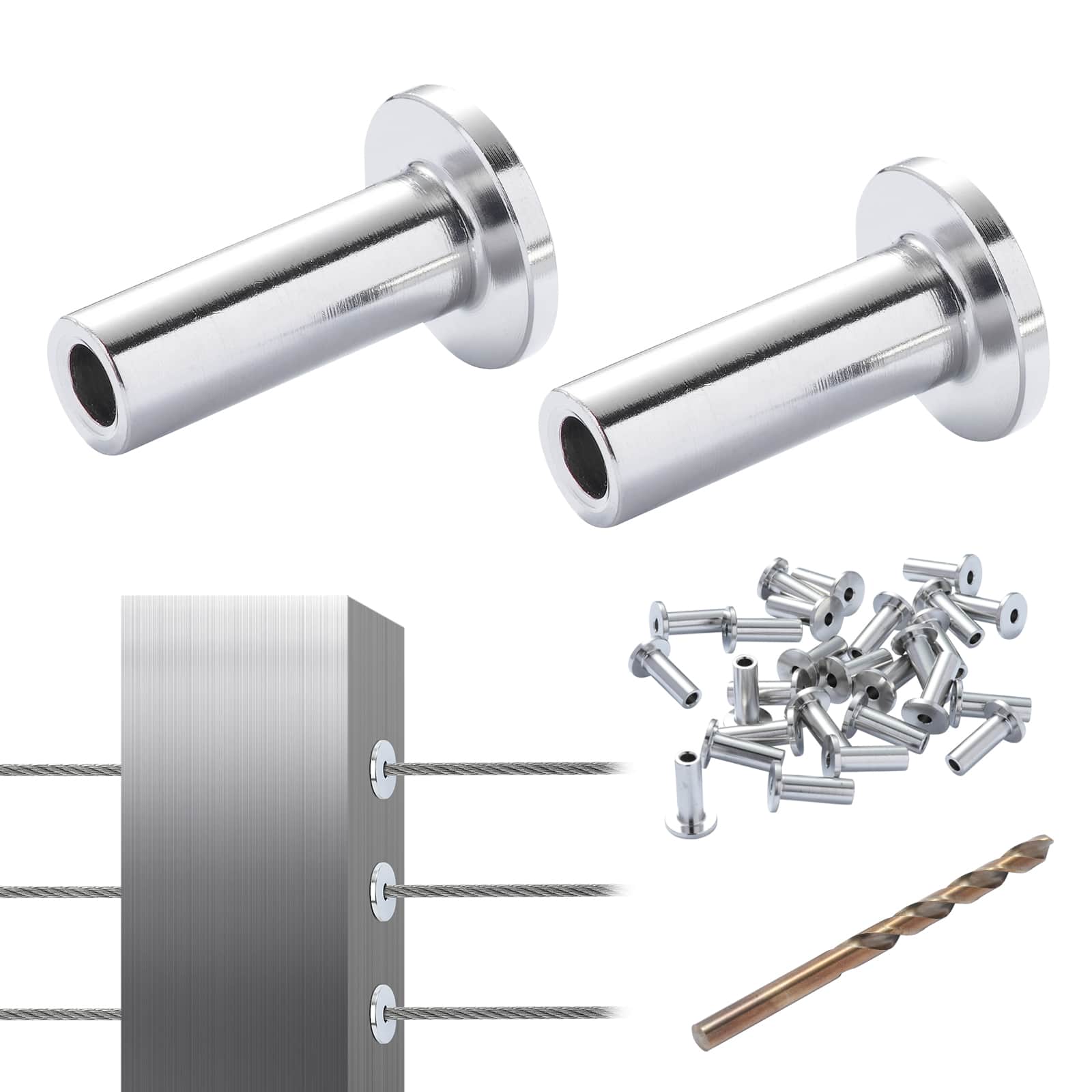 Front. VEVOR - 121 Pack T316 Stainless Steel Protector Sleeves for 1/8" Wire Rope Cable Railing, DIY Balustrade T316 Marine Grade - Silver.