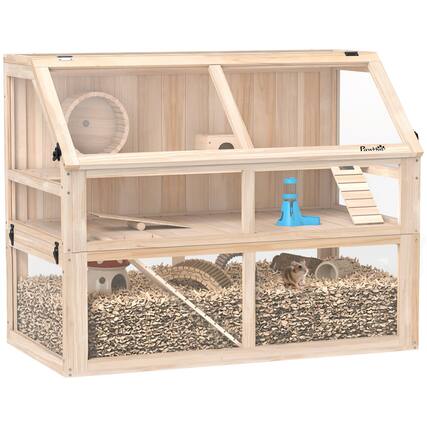 Front. Pawhut - Tier Wooden Hamster Cage w/ Detachable Bottom, Hut, Seesaw, Exercise Wheel, Ramps - Natural Wood.