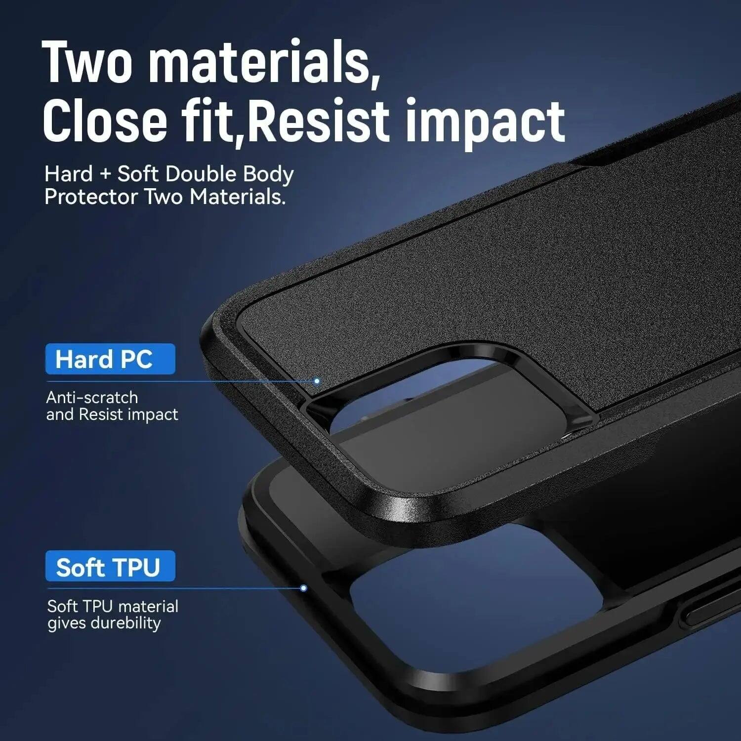 Two materials, Close fit, Resist impact  
Hard + Soft Double Body Protector Two Materials.  

Hard PC  
Anti-scratch and Resist impact  

Soft TPU  
Soft TPU material gives durability