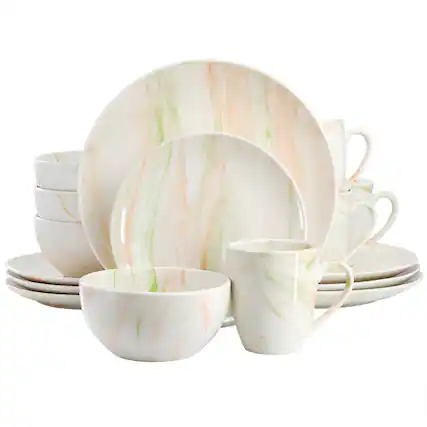 Front. Elama - Elama Fine Marble 16 Piece Porcelain Dinnerware Set in Orange and Green - Orange and Green.