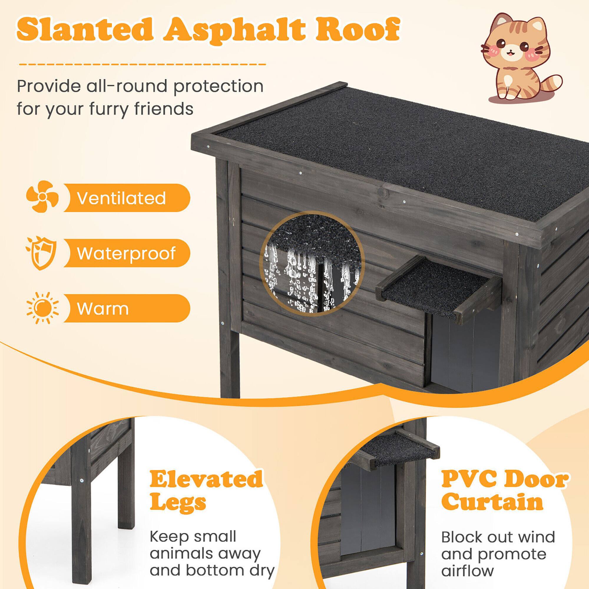 Slanted Asphalt Roof  
Provide all-round protection for your furry friends  
Ventilated  
Waterproof  
Warm  
Elevated Legs  
Keep small animals away and bottom dry  
PVC Door Curtain  
Block out wind and promote airflow