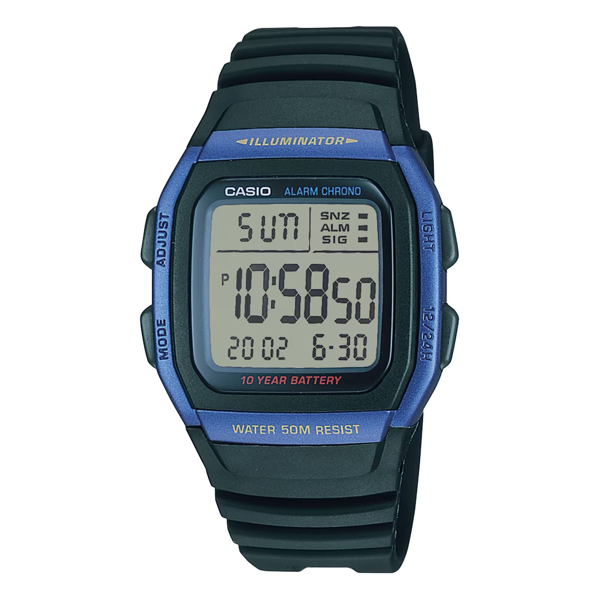 ILLUMINATOR  
CASIO ALARM CHRONO  
SNZ 5  
ALM  
SIG  
LIGHT  
10 YEAR BATTERY  
WATER 50M RESIST  
12/24H  
P 10-5850  
20 02 6-30