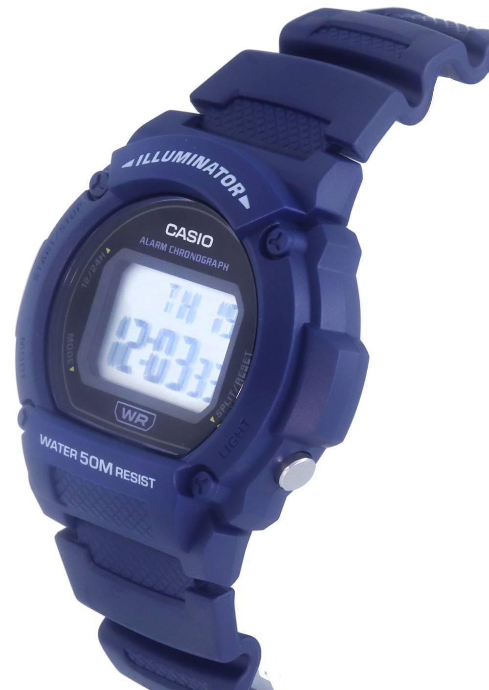 ILLUMINATOR  
CASIO  
ALARM CHRONOGRAPH  
12/24H  
TH 19  
12:03:33  
WR  
WATER 50M RESIST  
LIGHT  
SPLIT/RESET  
MODE