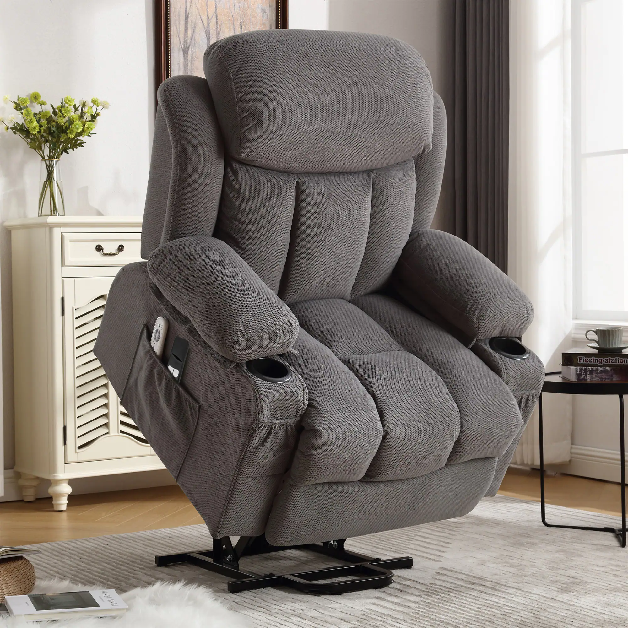 Angle. APRILSOUL - Power Lift Recliner Chair with Heat and Massage Side Pocket USB Charge Port Remote Control for Living Room - Grey.