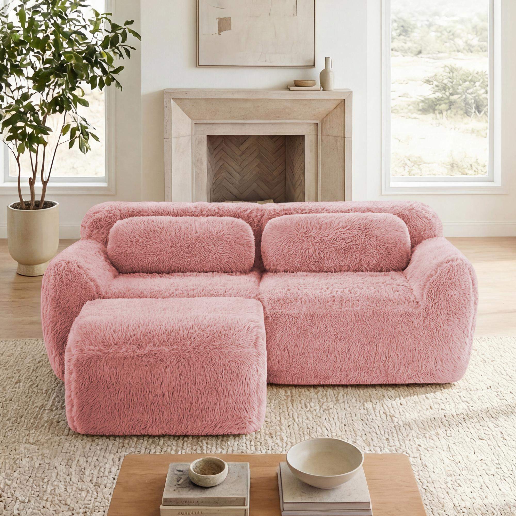 Angle. Roomtec - Lshaped Boneless SofaSoft Fluffy Plush FabricWith Chaise 32D High Density SpongeNo Assembly RequiredErgonomic Design - Pink.