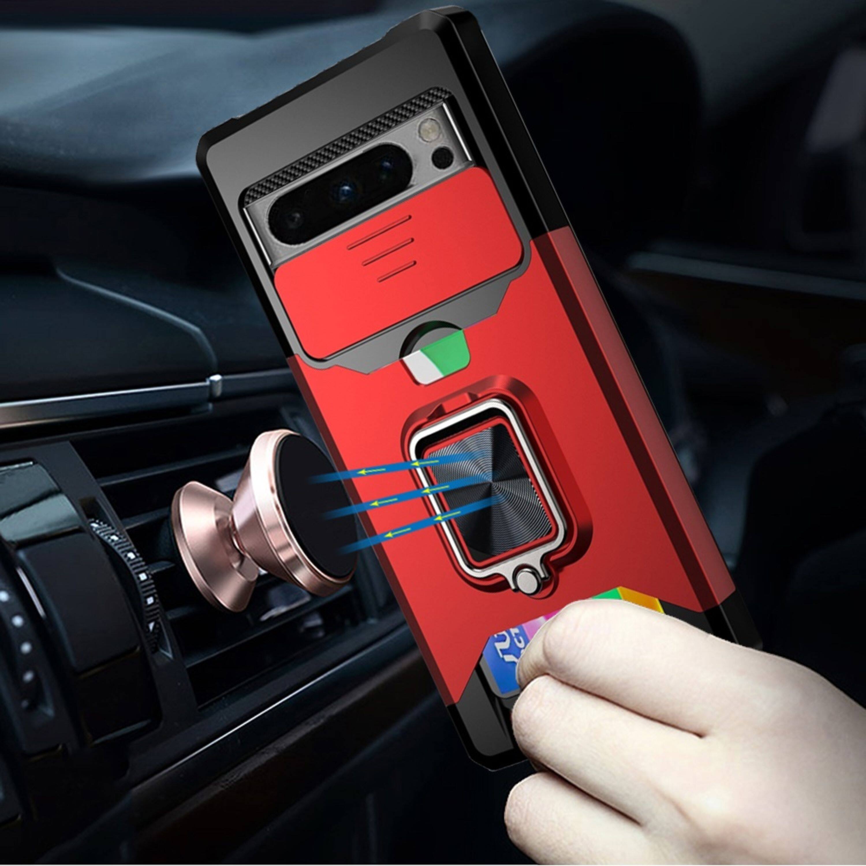 Angle. Kitcheniva - Rugged Magnetic Ring Stand Sliding Lens Cover Phone Case With Card Holder For Google Pixel 8 Pro 5G Red - Red.