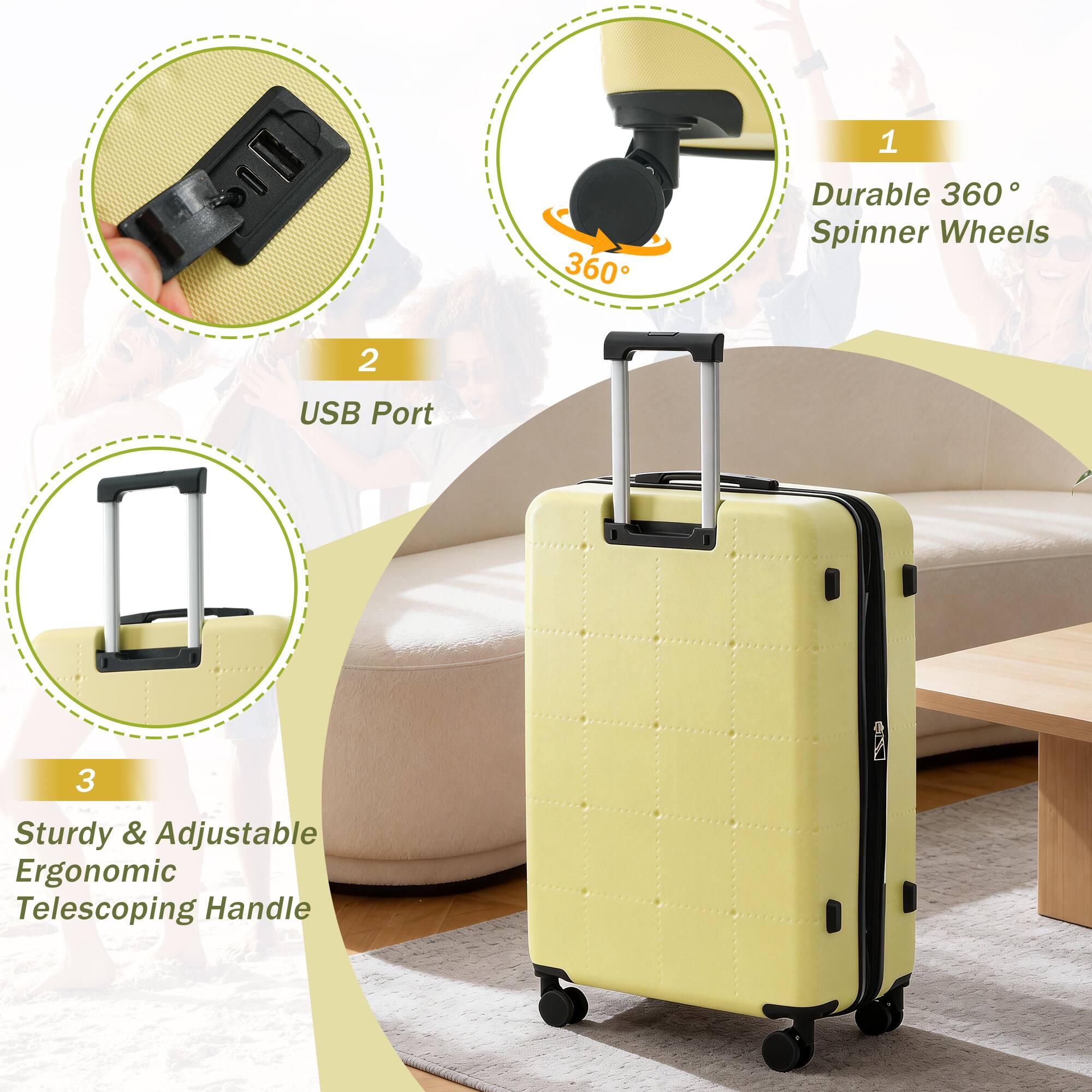 1. Durable 360° Spinner Wheels  
2. USB Port  
3. Sturdy & Adjustable Ergonomic Telescoping Handle