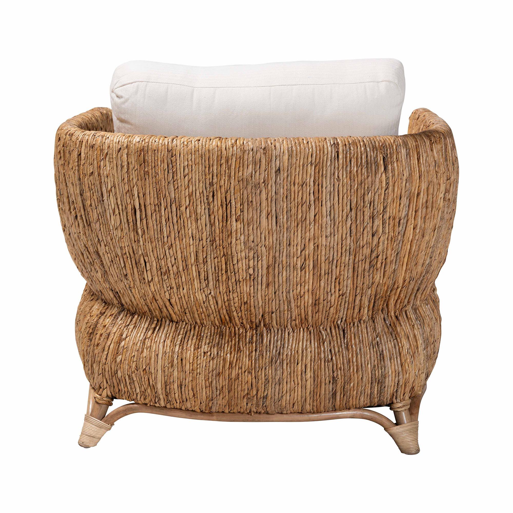 Back. bali & pari - Roma Rattan and Seagrass Armchair with Cushions - Handwoven Lounge Chair with Wide Armrests and Sculptural Base - Natural Brown/Brown.