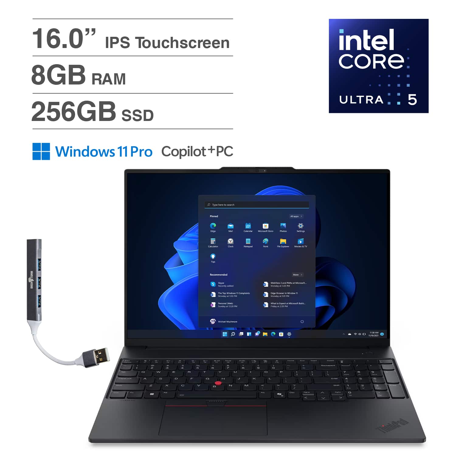 Lenovo - ThinkPad E16 Laptop 16'' Touchscreen (Intel Ultra 5-225U, 8GB DDR5, 256GB SSD, Win 11 Pro) w/DKZ USB Hub - Black