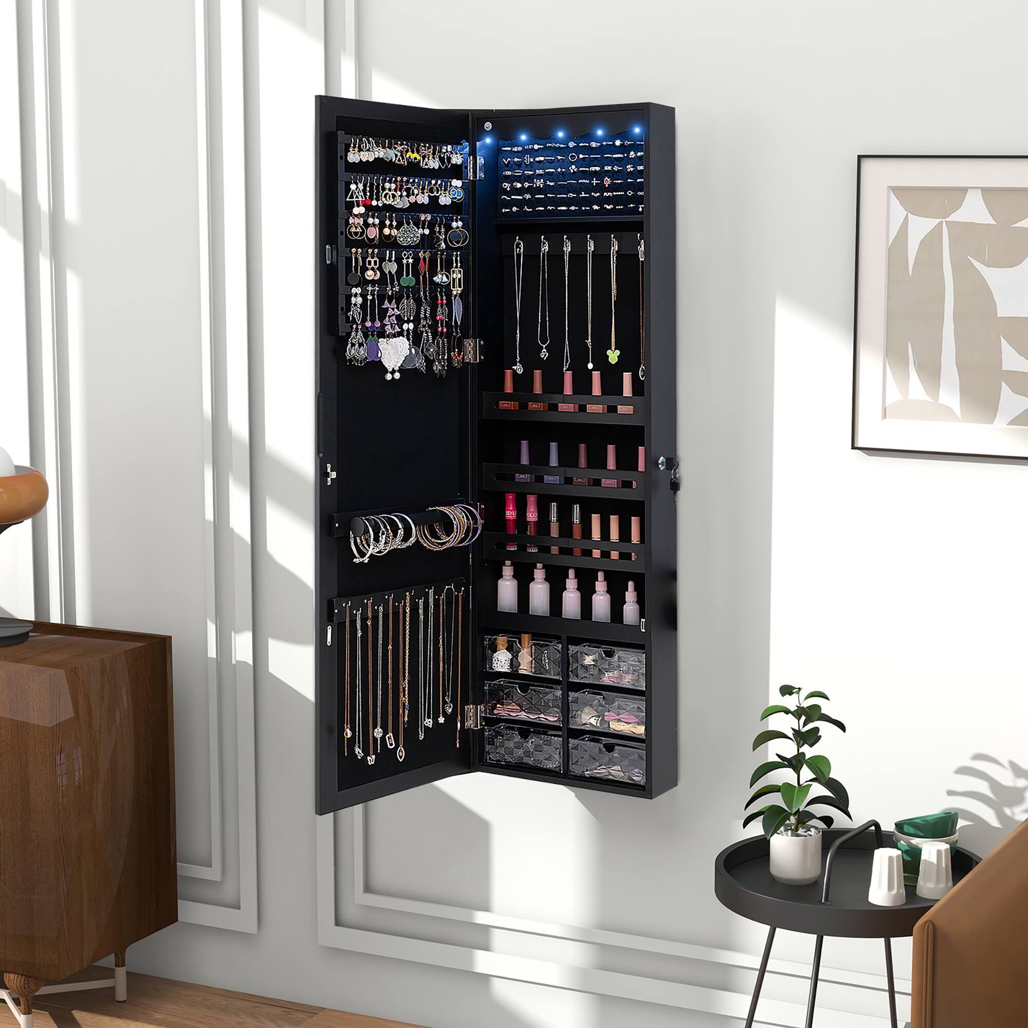 Alt View 1. Gymax - Gymax Jewelry Armoire w/ Full-Length Mirror w/ Built-in LED Lights Hooks Shelves - Black.