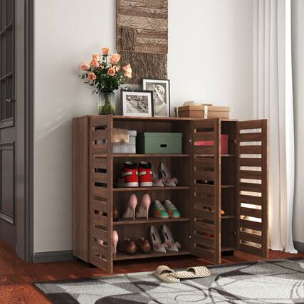 Front. GOODSILO - 5-Tier Adjustable Shoe Storage Cabinet with Louvered Doors for Entryway Hallway Bedroom Closet Living Room - Walnut.