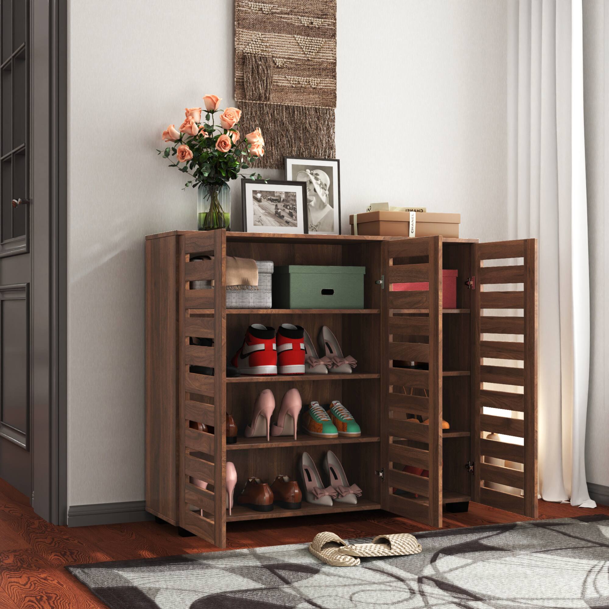 Front. GOODSILO - 5-Tier Adjustable Shoe Storage Cabinet with Louvered Doors for Entryway Hallway Bedroom Closet Living Room - Walnut.