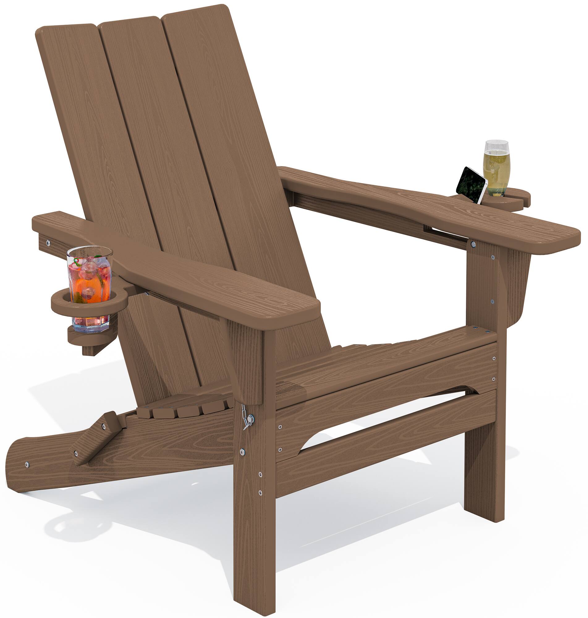 Front. SERWALL - SERWALL Modern Folding Adirondack Chair with Cup Holders, Outdoor HDPE Fire Pit Chair for All Weather Use, Brown - Brown.