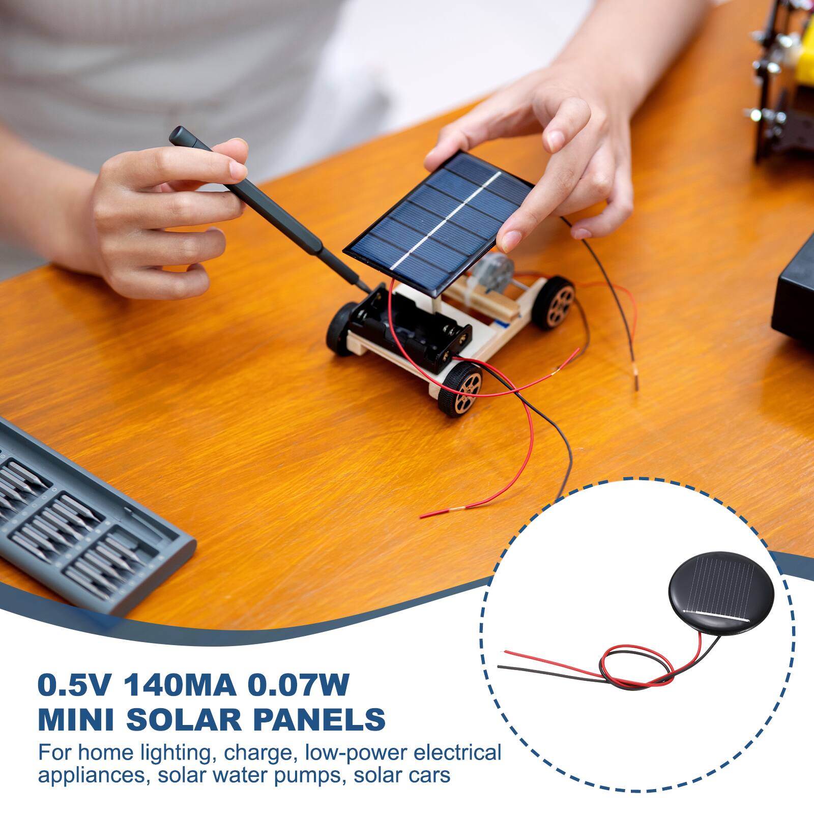 0.5V 140MA 0.07W MINI SOLAR PANELS

For home lighting, charge, low-power electrical appliances, solar water pumps, solar cars