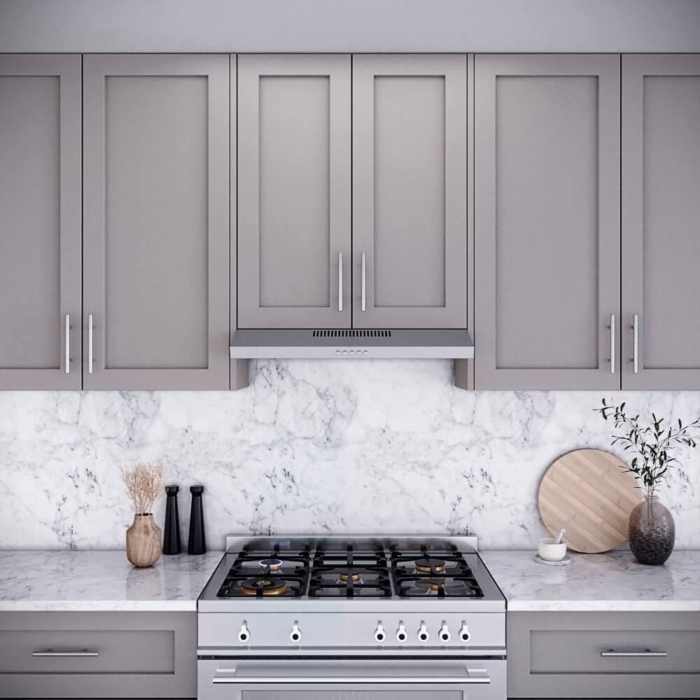 Left. Streamline - 30 in. Carmine Ducted Undermount 80 CFM Range Hood, Mesh Filters, Push Button Control, LED Light - Brushed Stainless Steel.