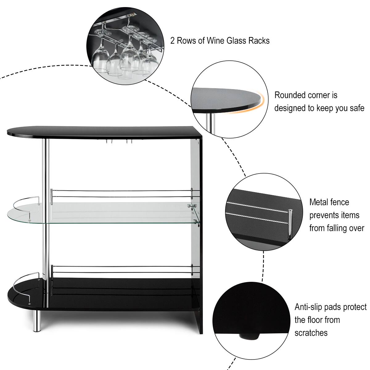 The image displays a wine glass rack with a rounded corner designed to keep the user safe. The rack has two rows of wine glass racks, and it is made of metal to prevent items from falling over. Additionally, the rack is equipped with anti-slip pads to protect the floor from scratches.