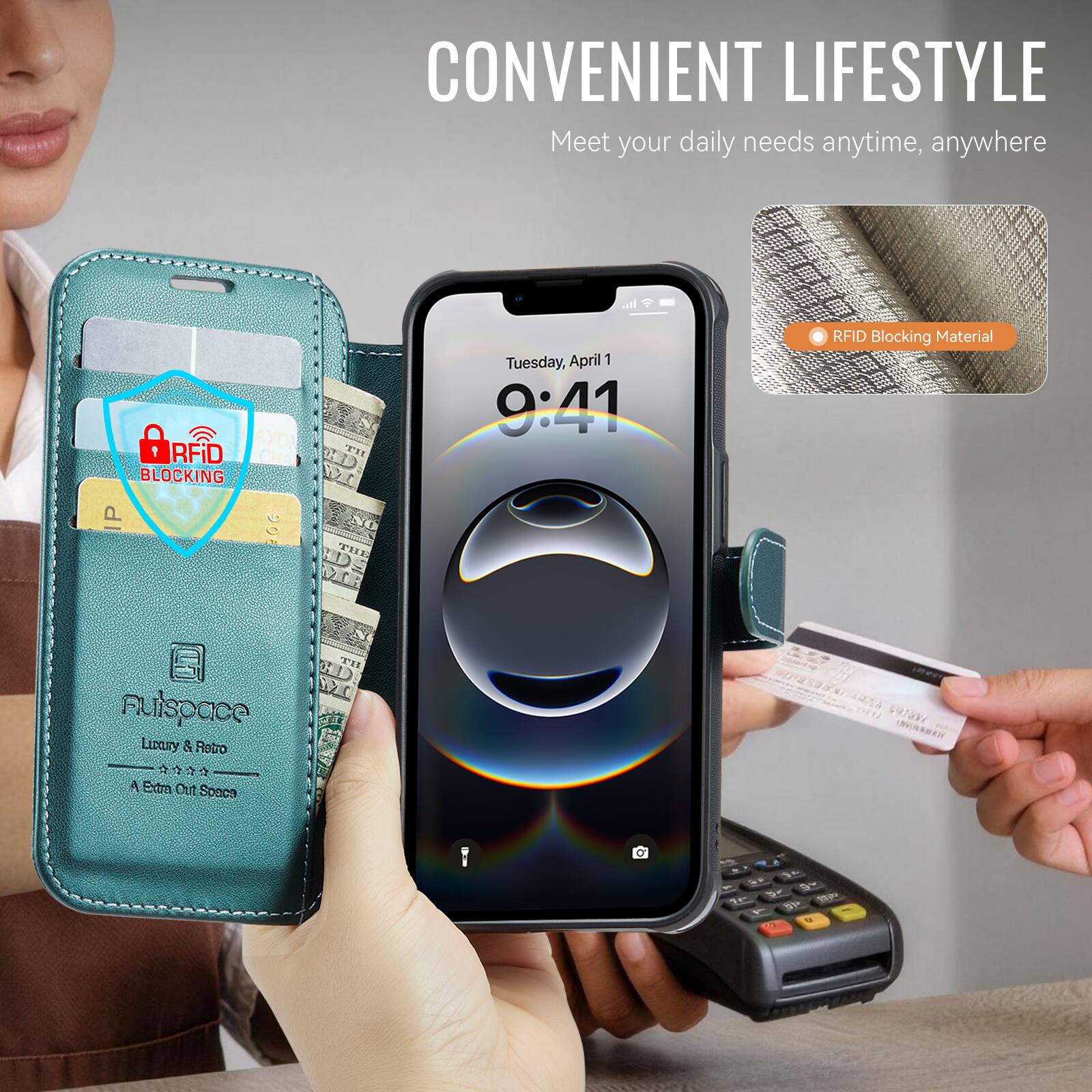 CONVENIENT LIFESTYLE  
Meet your daily needs anytime, anywhere  

RFID BLOCKING  
Tuesday, April 1  
9:41  

Auispace  
Luxury & Retro  
A Extra Out Spaces  

RFID Blocking Material