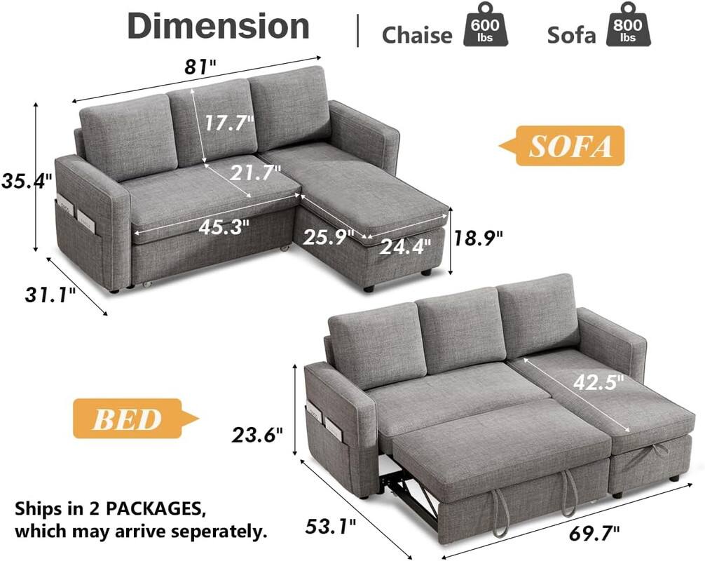 Here is the corrected and grouped text based on the image:

**Dimensions:**

- **Chaise:**
  - 81" (length)
  - 35.4" (depth)
  - 17.7" (height)
  - 21.7" (seat height)
  - 25.9" (seat depth)
  - 18.9" (arm height)
  - 24.4" (arm depth)
  - 31.1" (overall height)
  - 600 lbs (weight capacity)

- **Sofa:**
  - 45.3" (length)
  - 23.6" (depth)
  - 23.6" (height)
  - 25.9" (seat height)
  - 18.9" (arm height)
  - 24.4" (arm depth)
  - 31.1" (overall height)
  - 800 lbs (weight capacity)

- **Bed:**
  - 53.1" (length)
  - 69.7" (width)
  - 23.6" (height)

**Additional Information:**
- Ships in 2 packages, which may arrive separately.