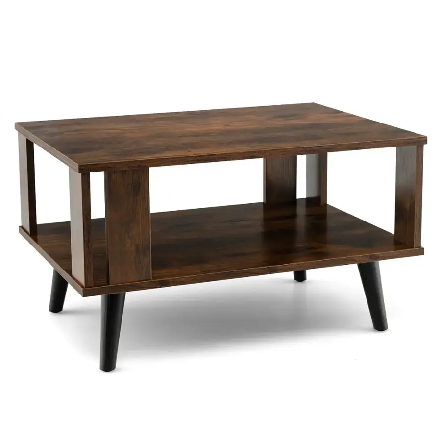 Alt View 17. Costway - Coffee Table Retro Mid-Century Coffee Table W/Storage  Open Shelf Living Room - Rustic Brown, Black.