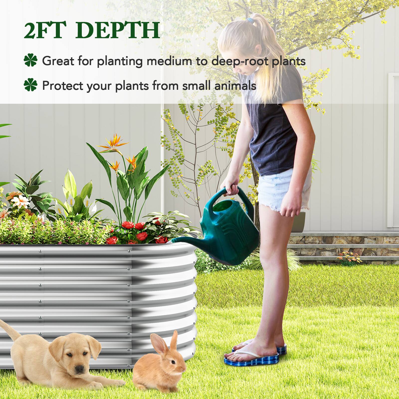 2FT DEPTH  
- Great for planting medium to deep-root plants  
- Protect your plants from small animals