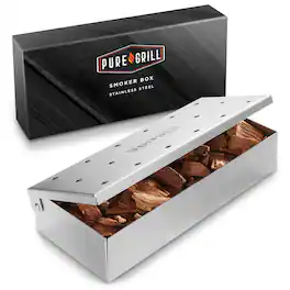 Pure Grill - Stainless Steel BBQ Smoker Box with Hinged Lid for Wood Chips - Silver