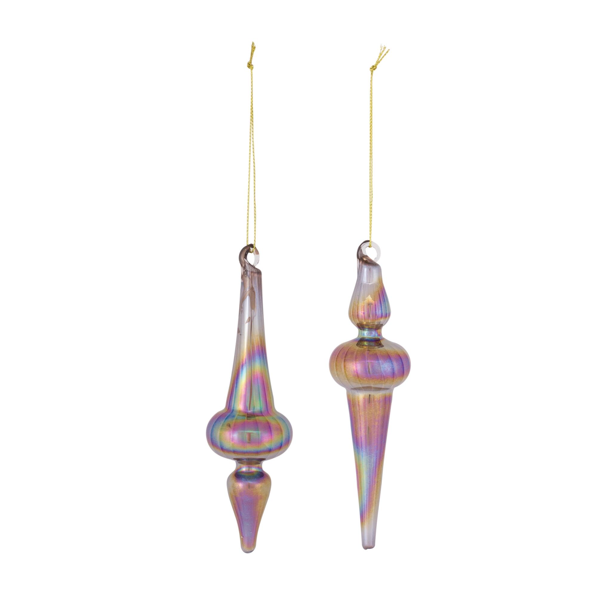 Angle. BreeBe - Irredescent Glass Finial Drop Ornament (Set of 12) - Purple, Bronze.