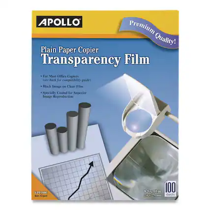 APOLLO Premium Quality! Plain Paper Copier Transparency Film For Most Office Copiers (see back for compatibility guide) Black Image on Clear Film Specially Coated for Superior Image Reproduction VPP100 Non-Striped 8.5 x 11 in 100 216 x 279 mm sheets