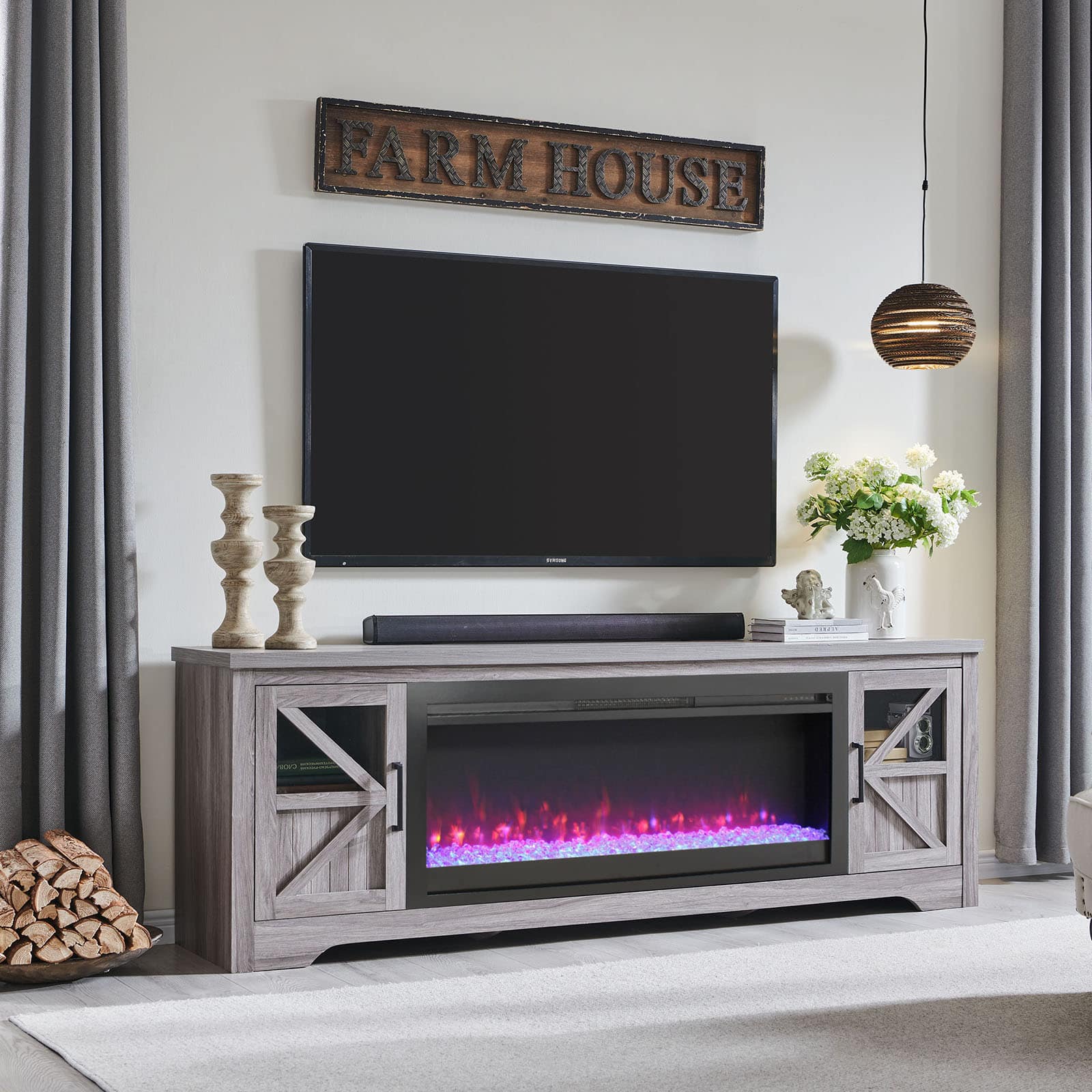 Chateau Abodes - 75" Fireplace TV Stand with 44" Electric Fireplace for up to 80" TVs - Gray 3D Flame