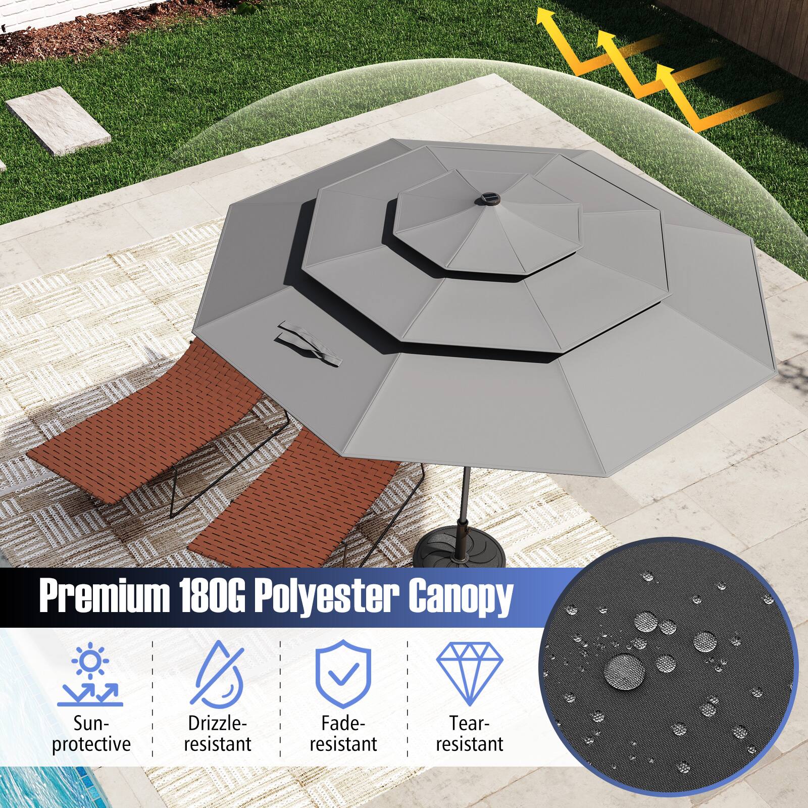 Premium 180G Polyester Canopy
Sun-protective
Drizzle-resistant
Fade-resistant
Tear-resistant
