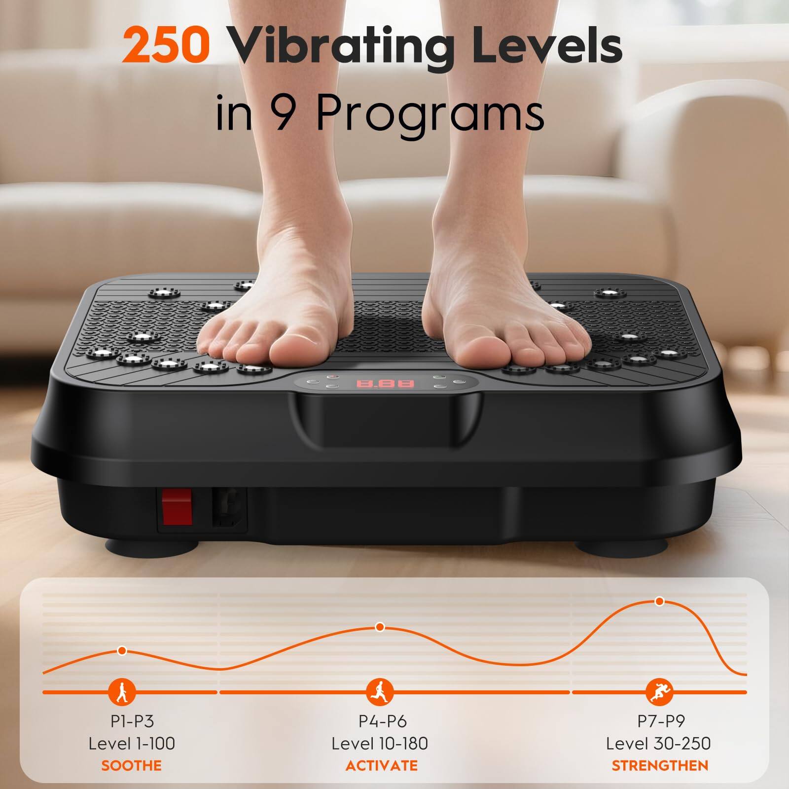 250 Vibrating Levels in 9 Programs

P1-P3 Level 1-100 SOOTHE  
P4-P6 Level 10-180 ACTIVATE  
P7-P9 Level 30-250 STRENGTHEN