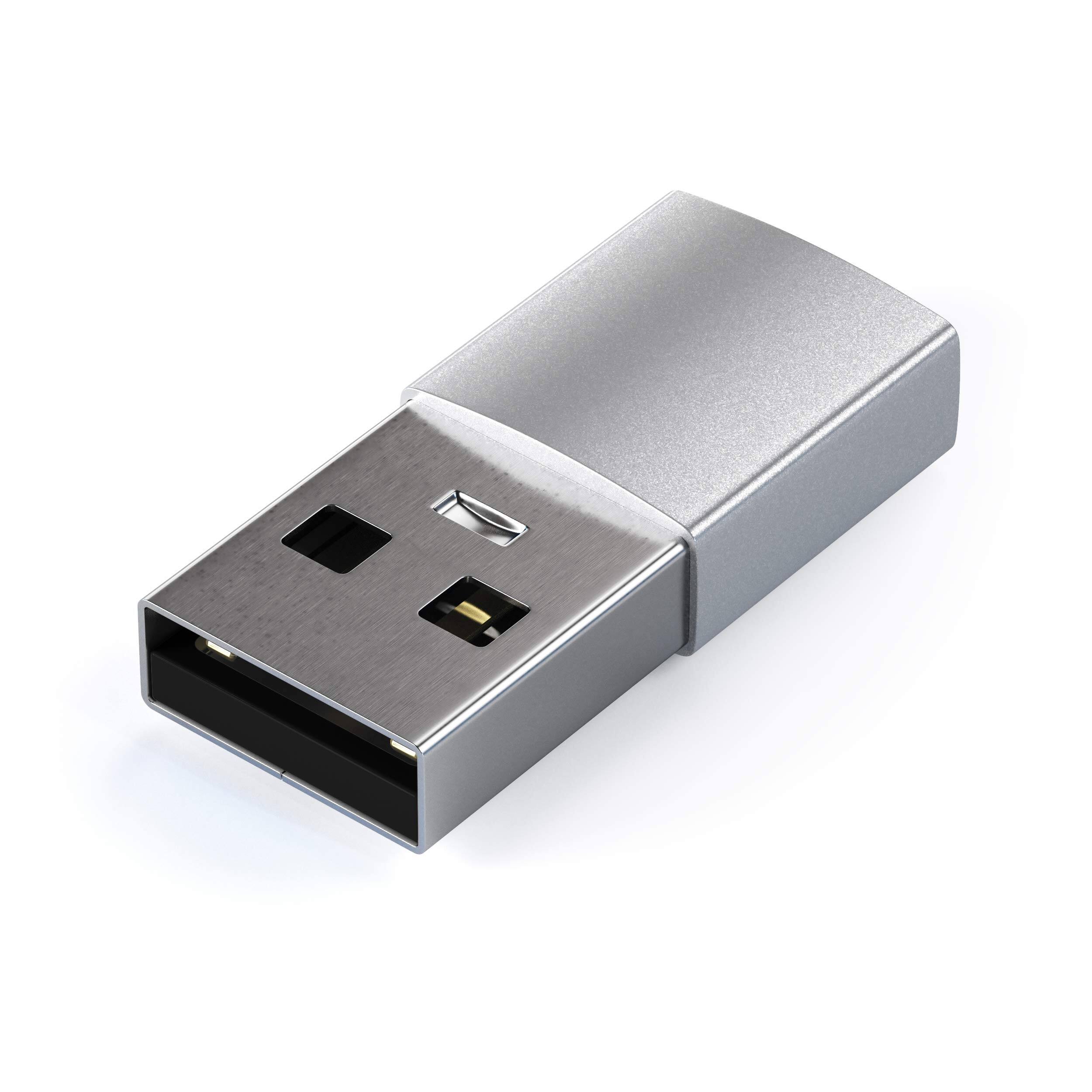Angle. Satechi - USB-A to USB-C Adapter - High-Speed Data Transfer & Power Delivery Charging, Designed for CarPlay - Silver.