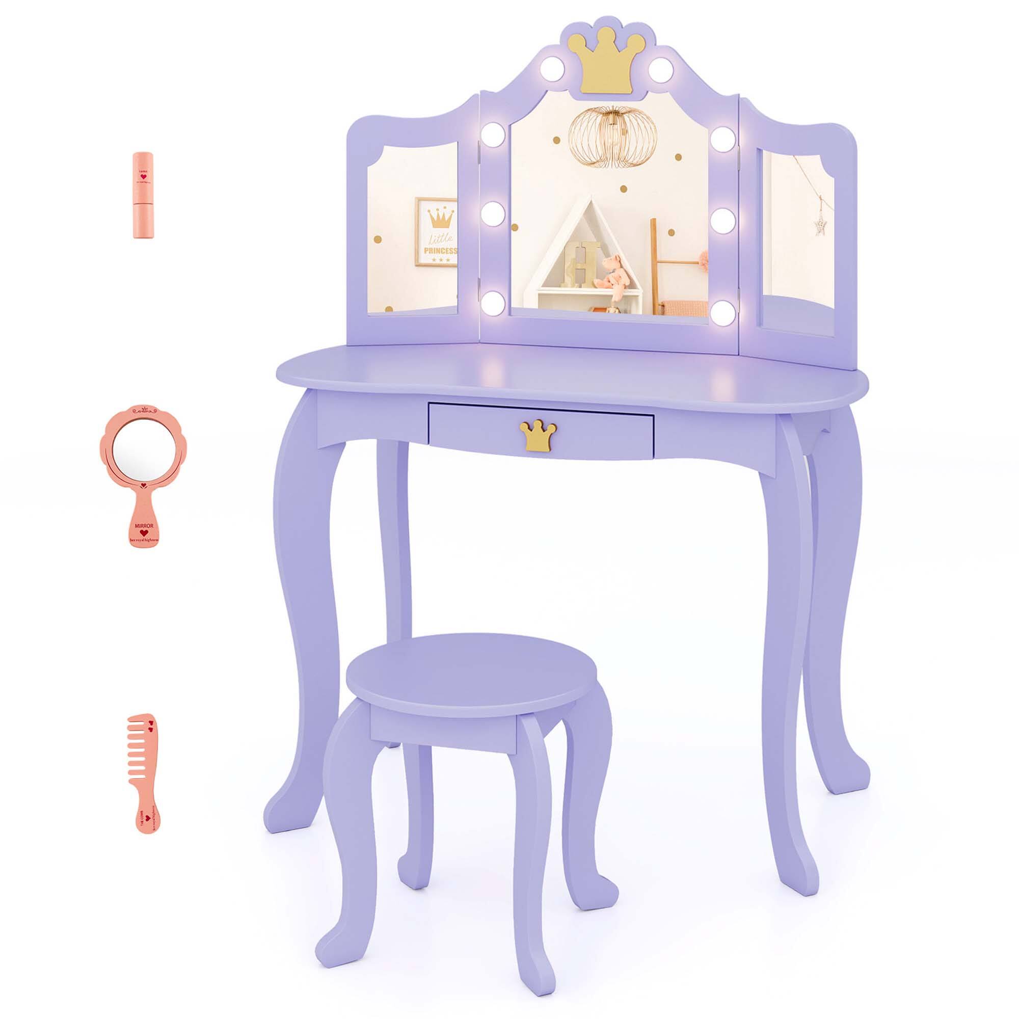 Costway - Kids Vanity Set Princess Vanity Table & Chair Set with Lighted Mirror - Purple