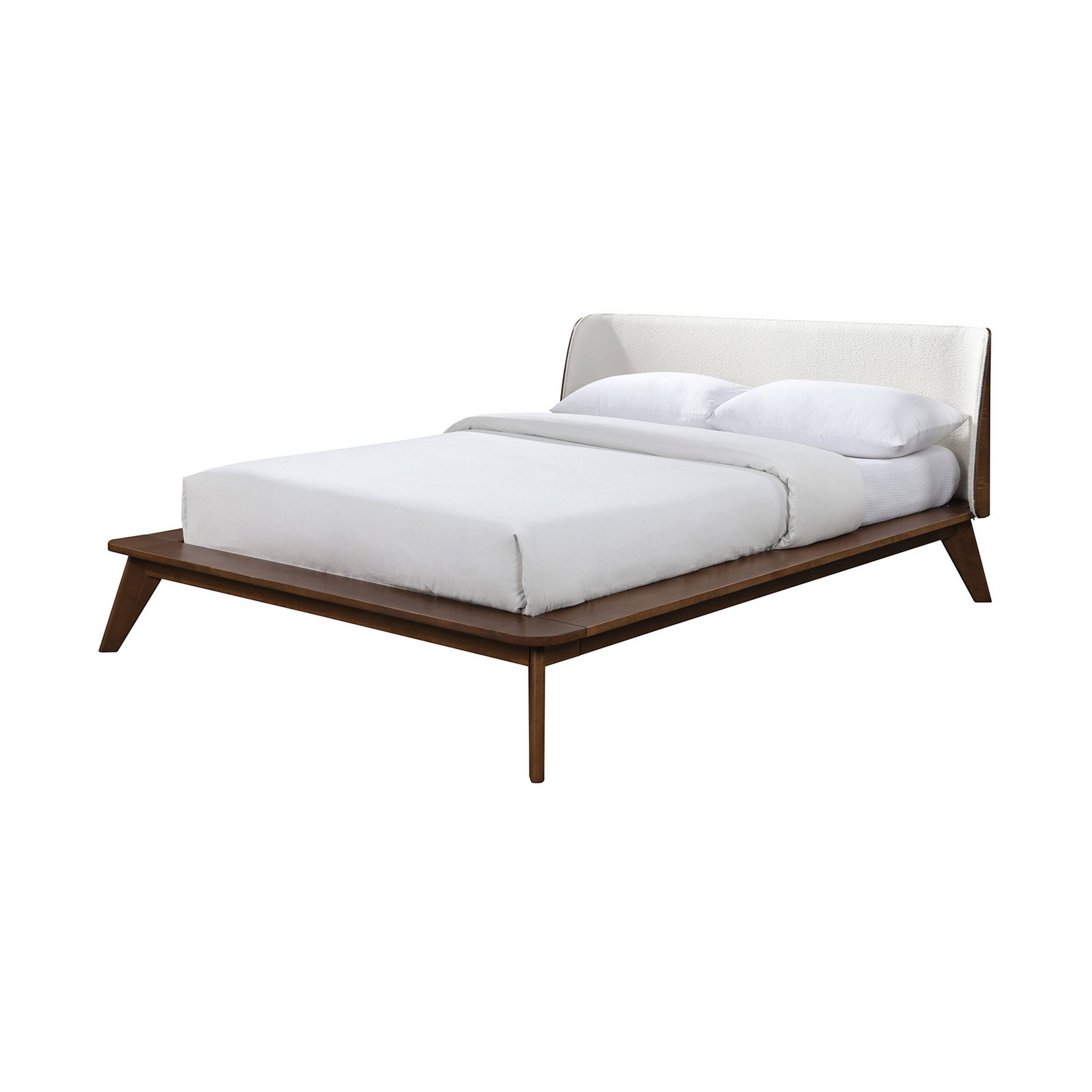 Front. Manhattan Lane - Linzy Queen Bed, Beige Boucle Upholstered Winged Edge, Brown Solid Wood - Walnut Brown, Beige.
