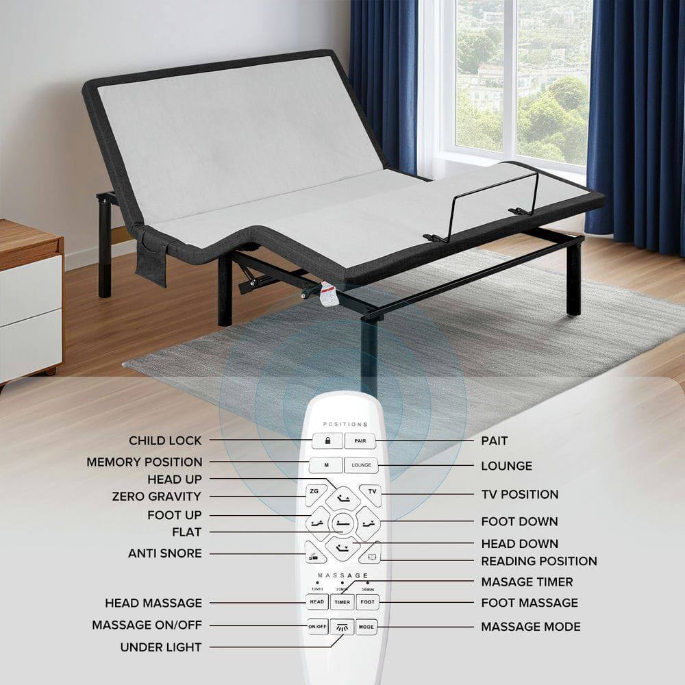 **POSITIONS**

- CHILD LOCK
- MEMORY POSITION
- HEAD UP
- ZERO GRAVITY
- FOOT UP
- FLAT
- ANTI SNORE
- HEAD MASSAGE
- MASSAGE ON/OFF
- UNDER LIGHT

**PAIT**

- LOUNGE
- TV POSITION
- FOOT DOWN
- HEAD DOWN
- READING POSITION
- MASSAGE TIMER
- FOOT MASSAGE
- MASSAGE MODE