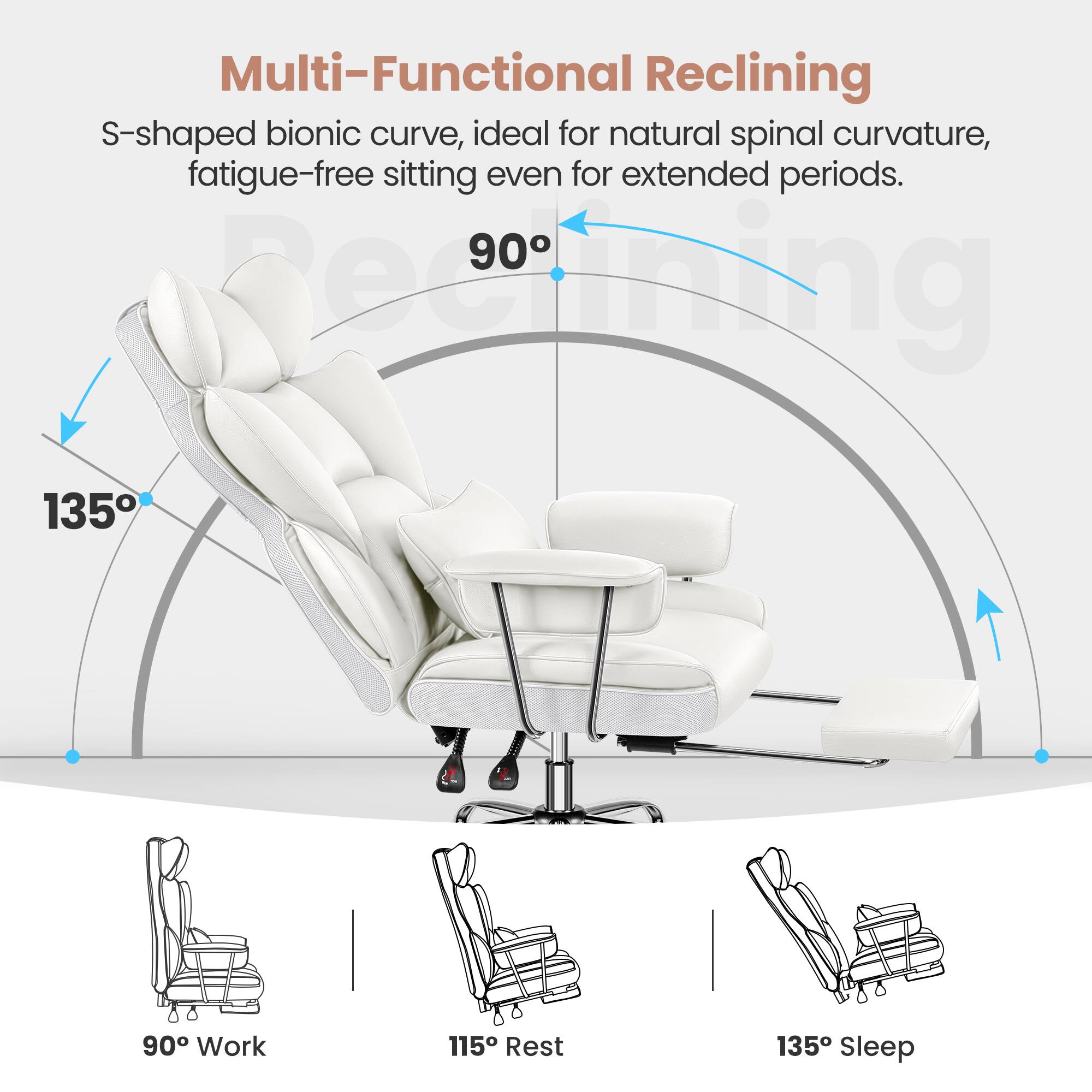Multi-Functional Reclining S-shaped bionic curve, ideal for natural spinal curvature, fatigue-free sitting even for extended periods. 90°, 135°, 90°, 115°, 135°, Sleep.