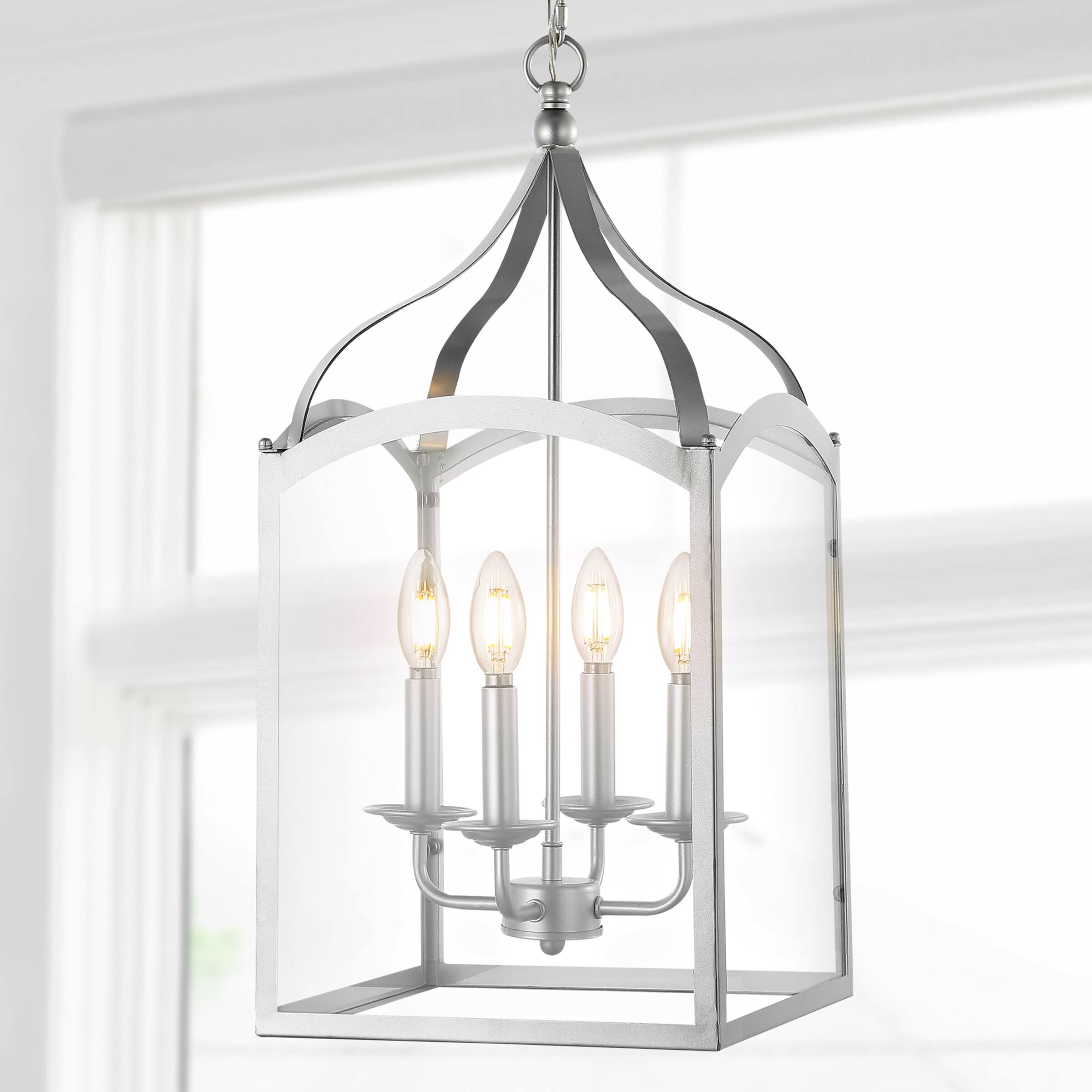 Alt View 1. Jonathan Y - Ruth 11" 4-light Traditional Classic Lantern Metal/Glass LED Pendant, Silver - Silver.