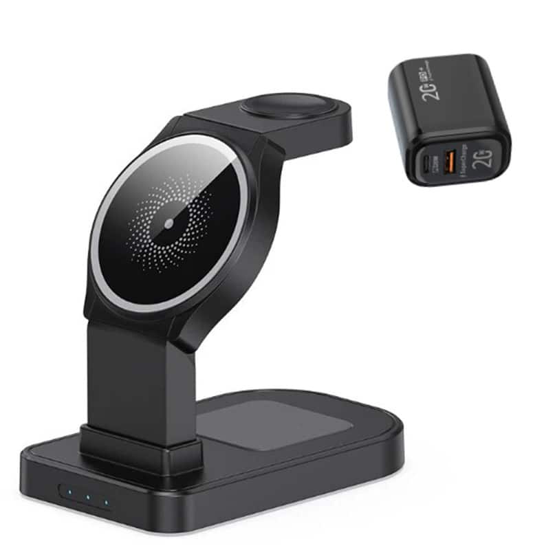 SKRAN - 15W Phone Stand Wireless Charger with Charging Port - 3-in-1 Magnetic Charging for Earphones and Watches for Apple - Black