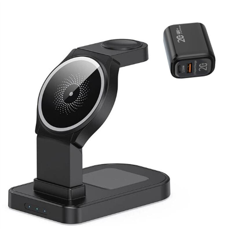 Front. SKRAN - 15W Phone Stand Wireless Charger with Charging Port - 3-in-1 Magnetic Charging for Earphones and Watches for Apple - Black.