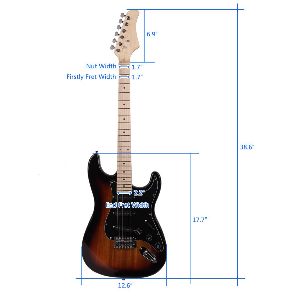 1. Nut Width: 1.7"
2. Firstly Fret Width: 1.7"
3. End Fret Width: 2.2"
4. Body Length: 38.6"
5. Body Width: 17.7"
6. Body Depth: 12.6"