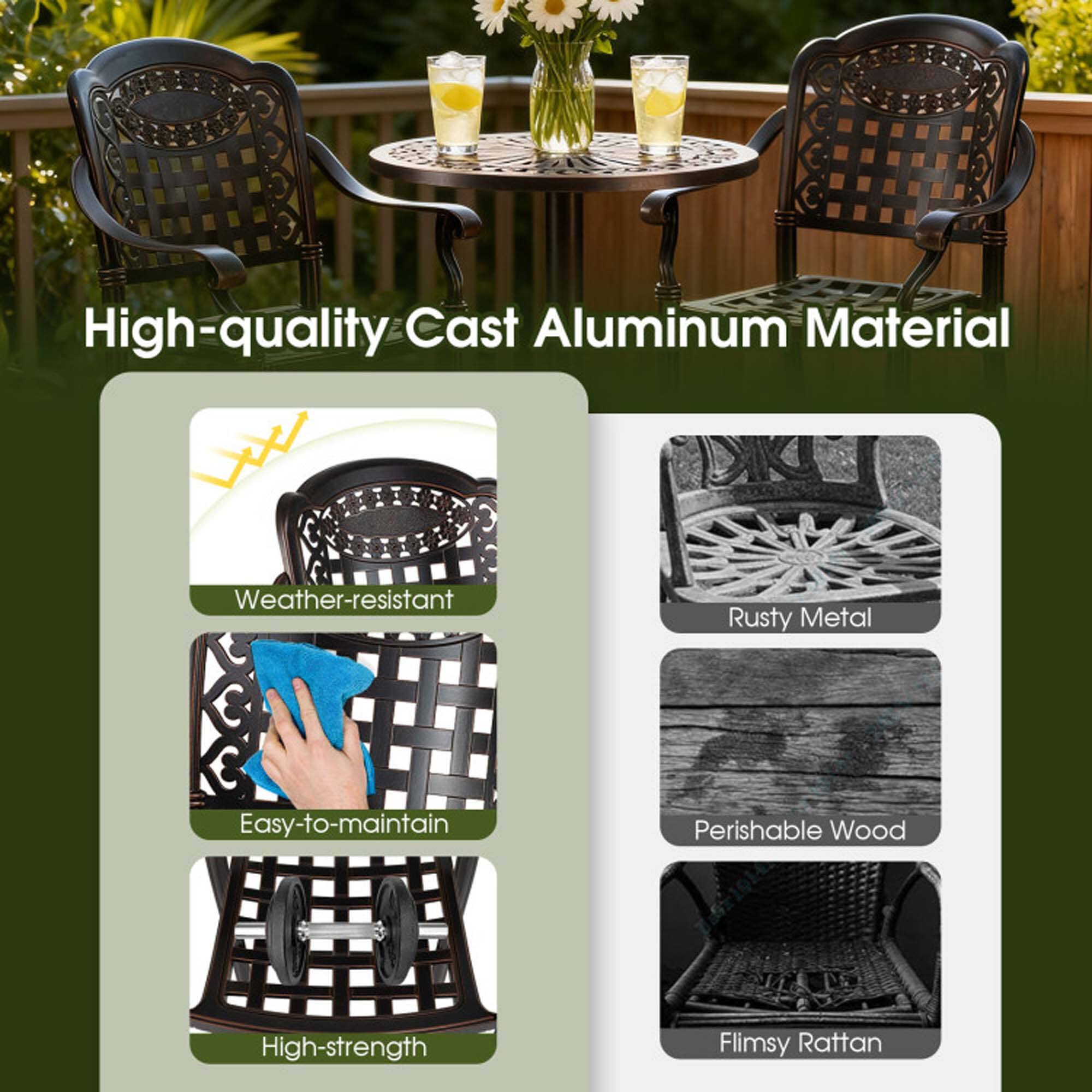 High-quality Cast Aluminum Material

- Weather-resistant
- Easy-to-maintain
- High-strength

Rusty Metal
Perishable Wood
Flimsy Rattan