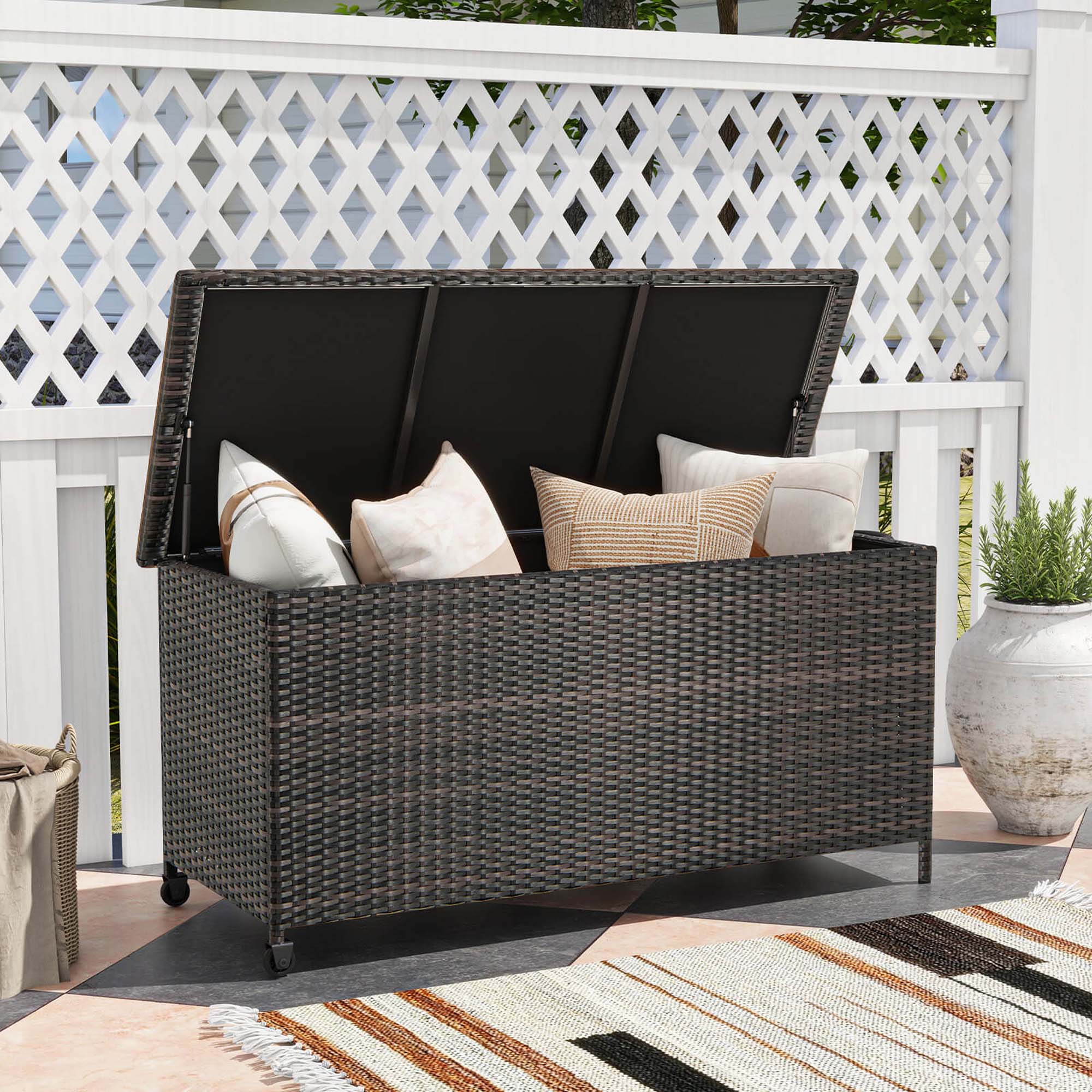 Alt View 1. Costway - Costway 85 Gallon Rattan Deck Box with Waterproof Liner Universal Wheels & Gas Strut - Brown.