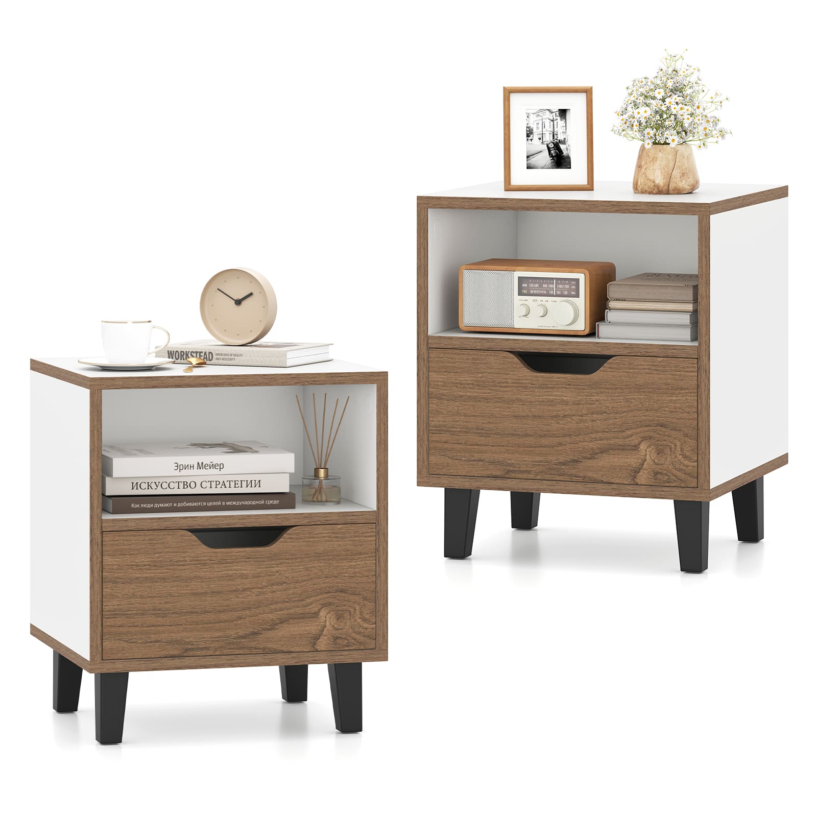 Gymax - 2PCS Nightstand Mid Century Modern Bedside Table w/ Drawer Open storage Shelf - Natural, White
